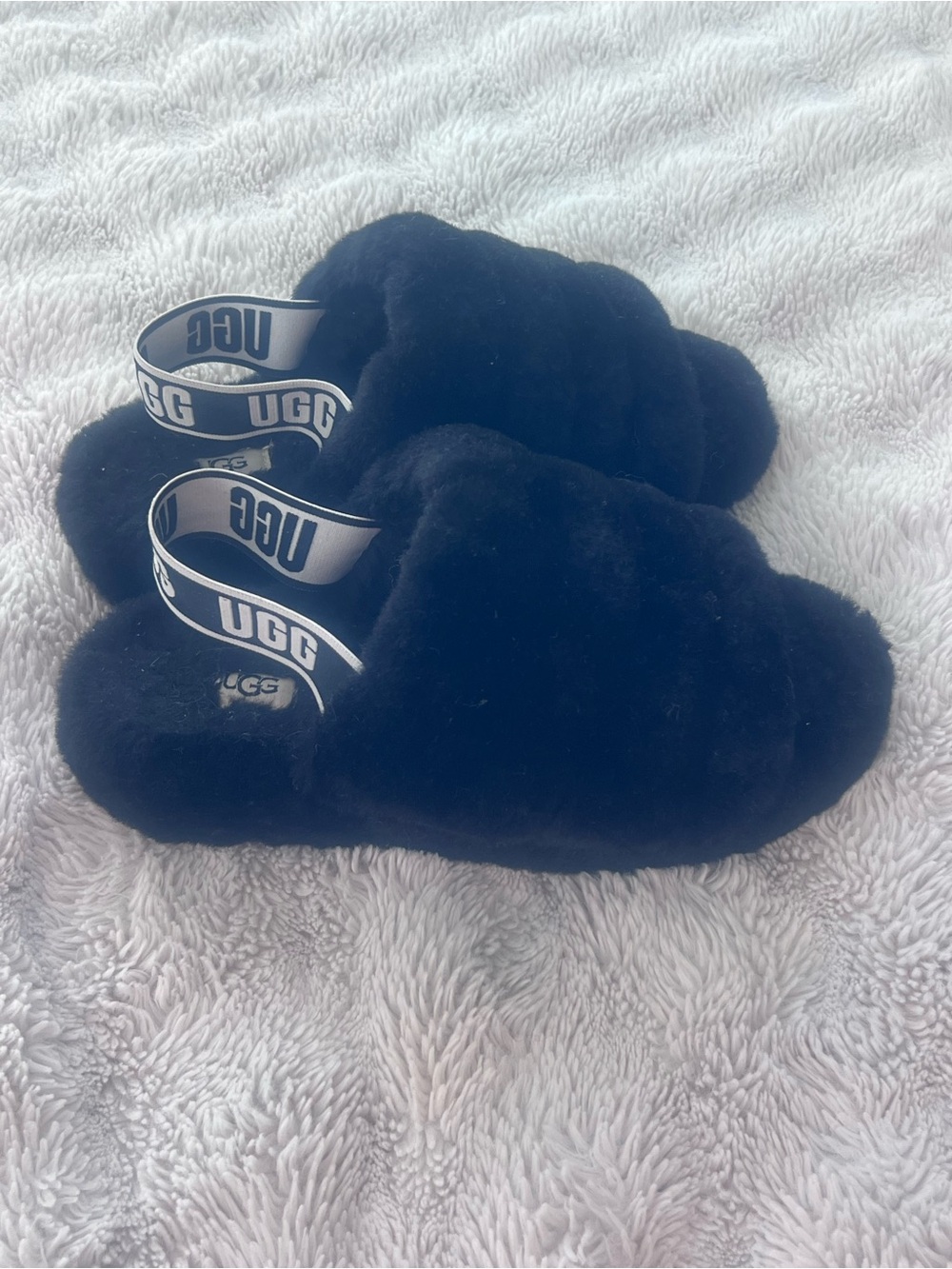 UGG Black Fluff Mule with Branded Elastic Heel Strap